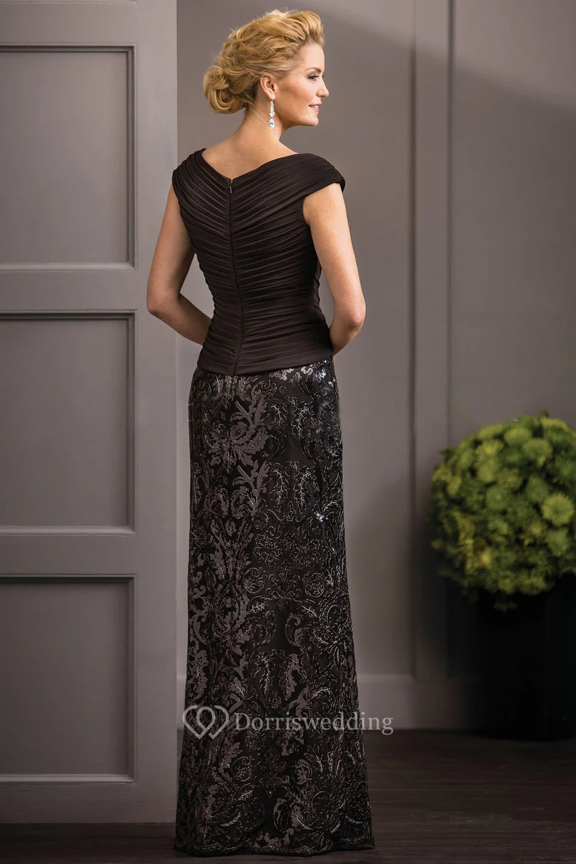 Brautmutterkleid mit V-Ausschnitt, kurzen Ärmeln, gekreuzten Rüschen und Pailletten view 2