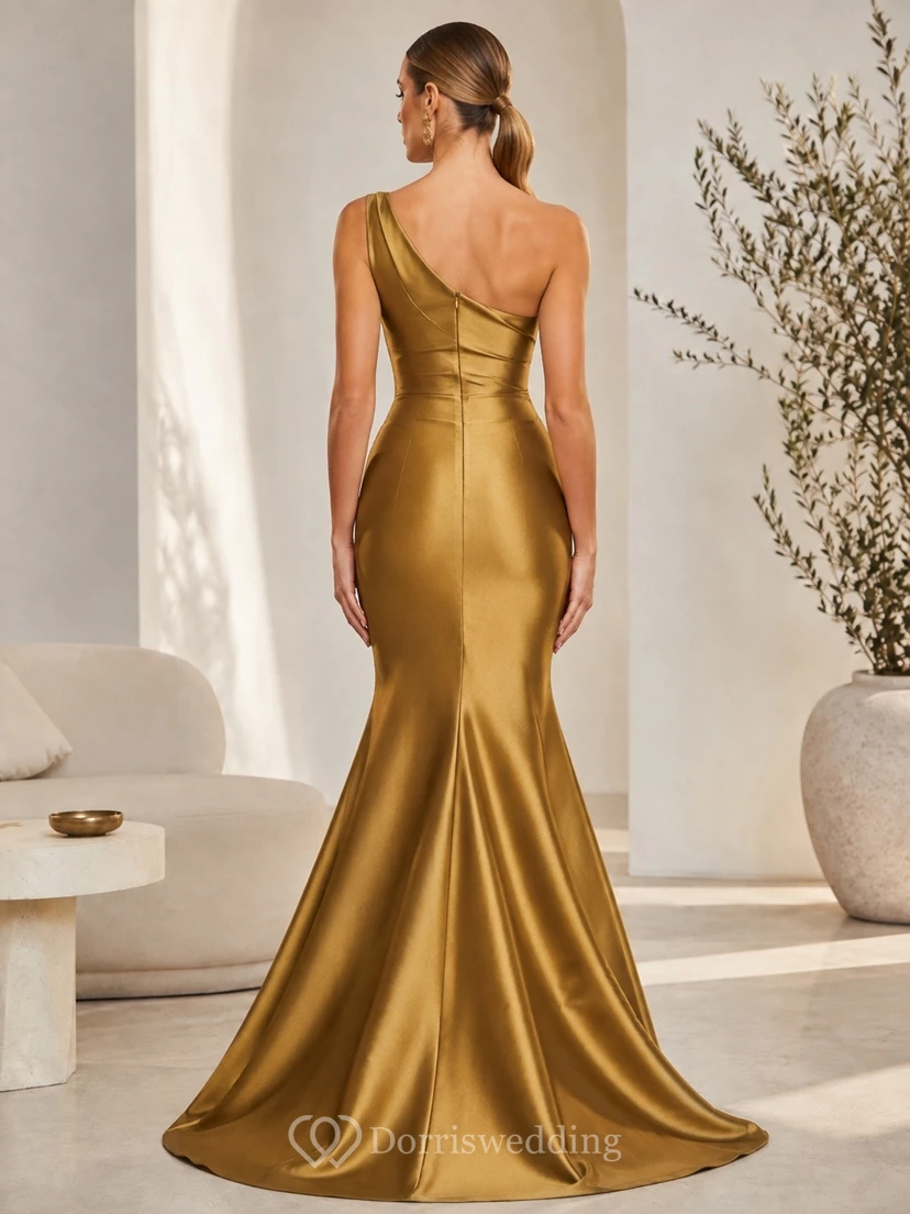 Gold Satin One-Shoulder Sleeveless Mermaid Sweep Train Formal Gown view 2