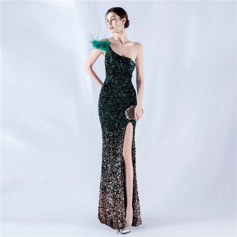 Gradient Velvet Bottom Sequins Craft Beading Ostrich Hair One-Shoulder Oblique Collar High-Slit Evening Dress view 61