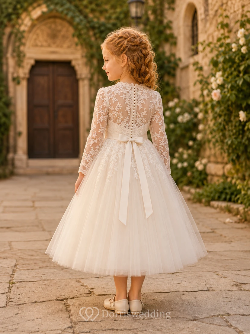 A-Line Heirloom Flower Girl Dress with Cap Sleeves, Lace Bodice, Floor-Length Tulle, Satin Waist, Heirloom Ceremony Style view 2