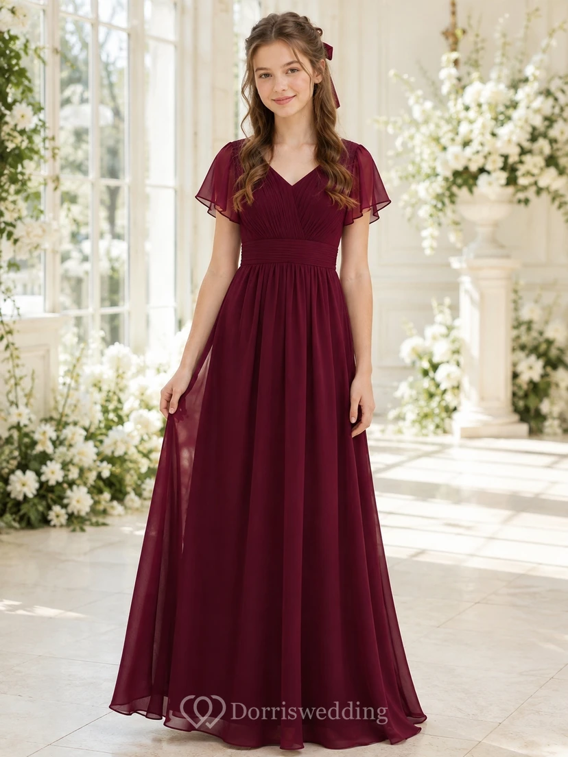 Robe de demoiselle d'honneur junior bordeaux, coupe trapèze, col en V, manches courtes froncées, style romantique