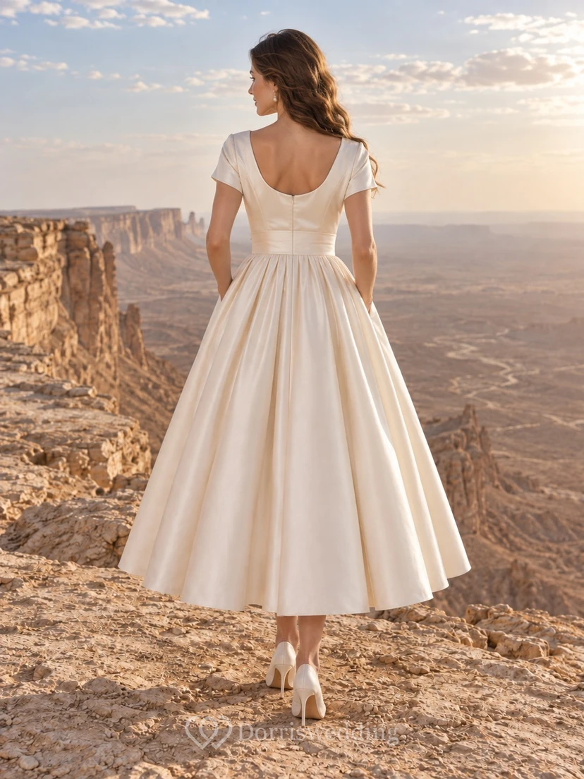 Vestido de novia sencillo de satén fruncido, largo hasta la rodilla, con escote redondo y mangas cortas. view 2