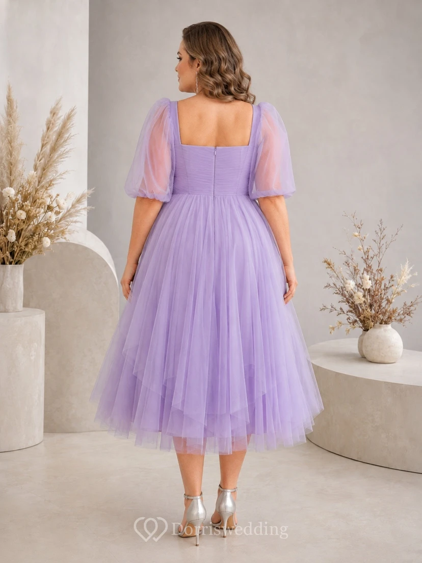 Lavender Tulle Square Neck Three-quarter Sleeve Plus Size Midi Dress view 2