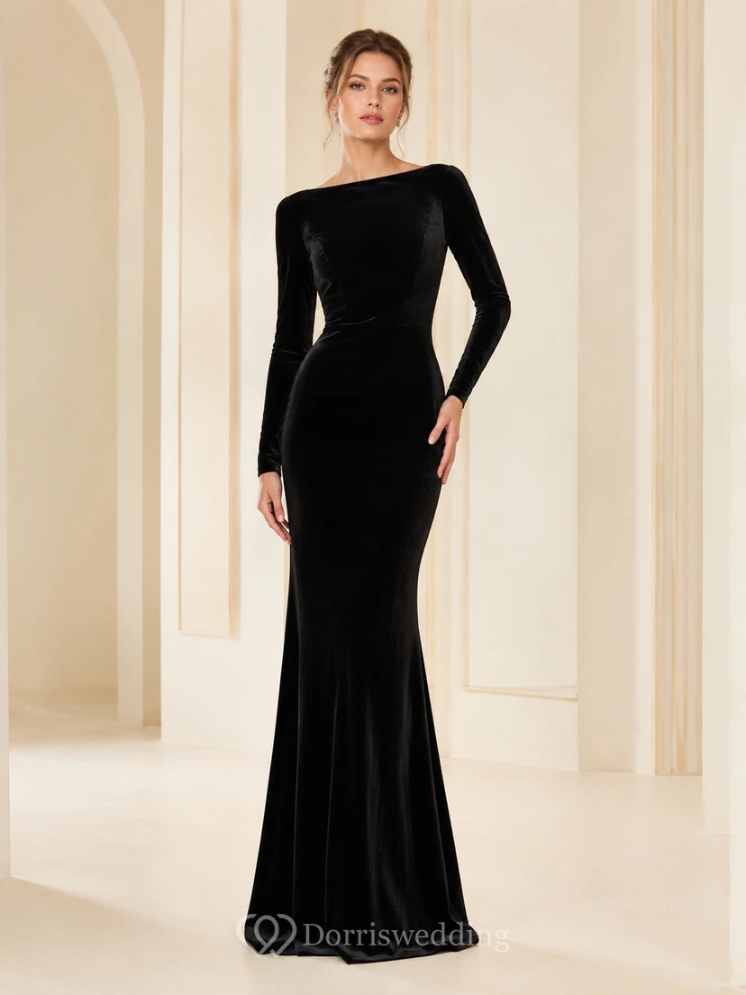 Schwarzes, hochgeschlossenes, langärmeliges Meerjungfrauen-Abendkleid aus Samt