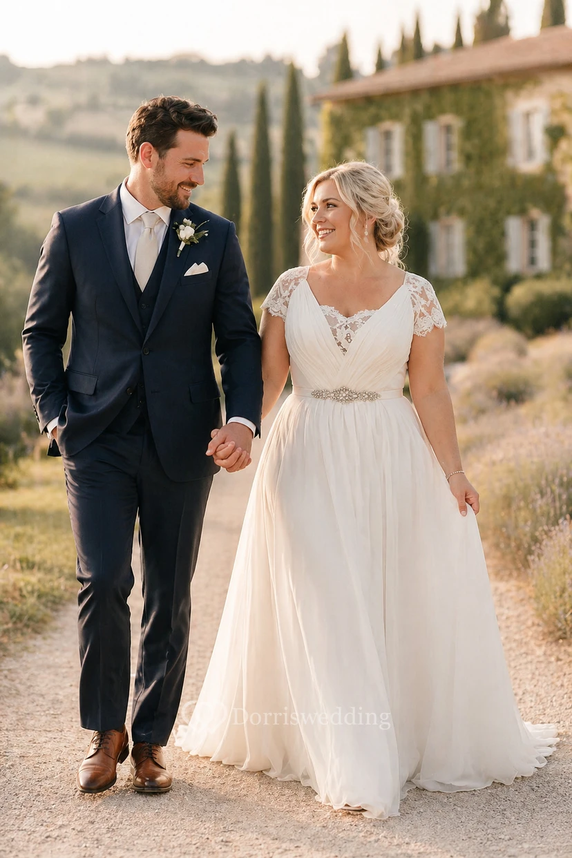 A-Linien-Kleid aus Chiffon mit bodenlangem V-Ausschnitt, kurzen Ärmeln, Schleppe und Illusionsspitze – perfekt für die Erneuerung des Eheversprechens. view 3