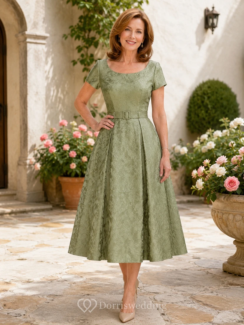 Salbeigrünes, wadenlanges A-Linien-Cocktailkleid im Vintage-Stil für zierliche Frauen, ideal für die Mutter der Braut, mit Rundhalsausschnitt, kurzen Ärmeln und breiter, betonter Taille.