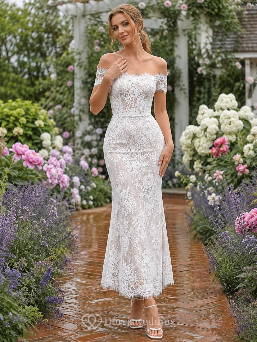 Off shoulder lace mermaid tea length bridal dress