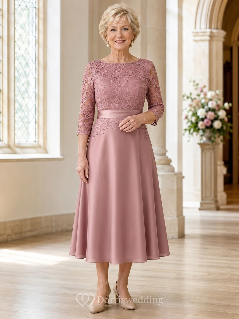 Altrosa Spitzenkleid mit Dreiviertelärmeln, Teelänge, A-Linie, schlichtes Mutterkleid