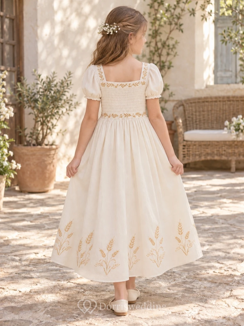 Square Neck Country Cream Puff Sleeve Wheat Embroidered Cotton Flower Girl Dress view 2