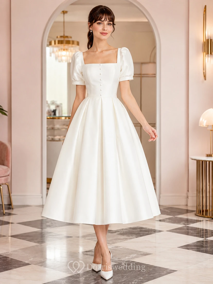 Retro Tea-Length Square Neck Puff Sleeve Satin Vintage Wedding Dress