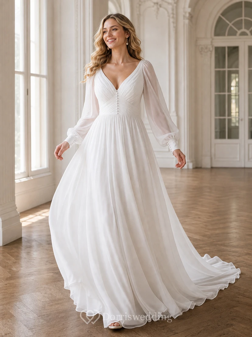 Chiffon-Hochzeitskleid mit langen Ärmeln und Puffärmeln in Übergröße im Empire-Stil view 6