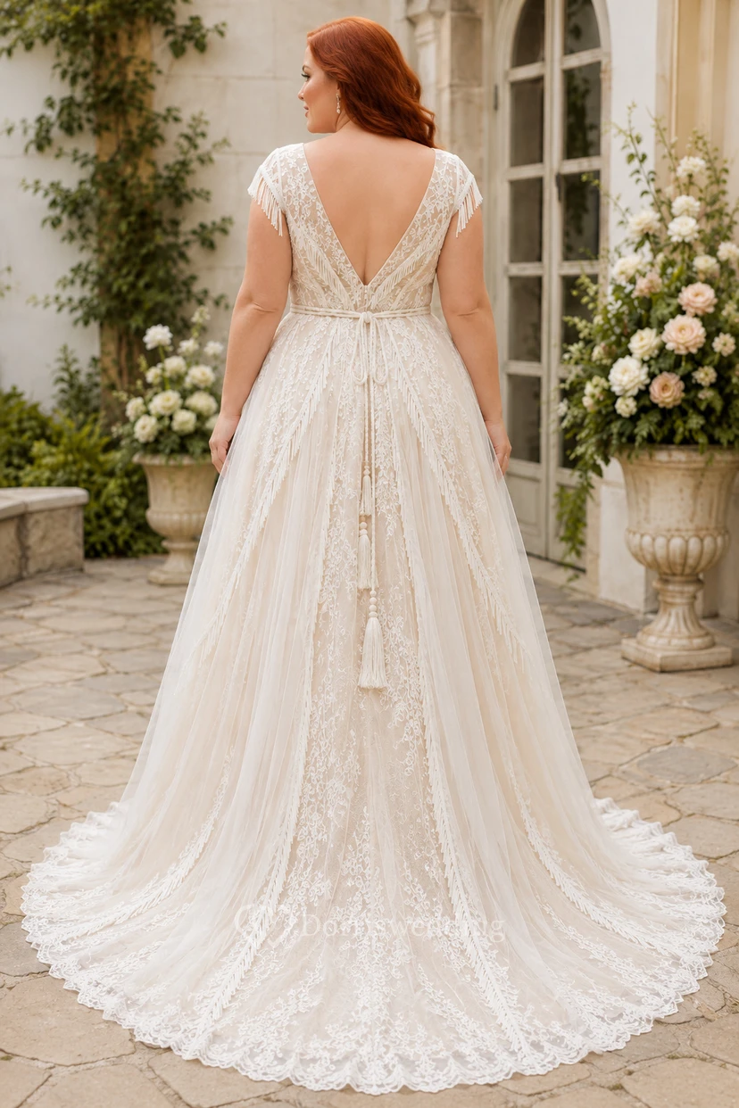 Plus Size Ivory V-Neck Lace A-Line Wedding Dress with Sash Tie Detail view 2
