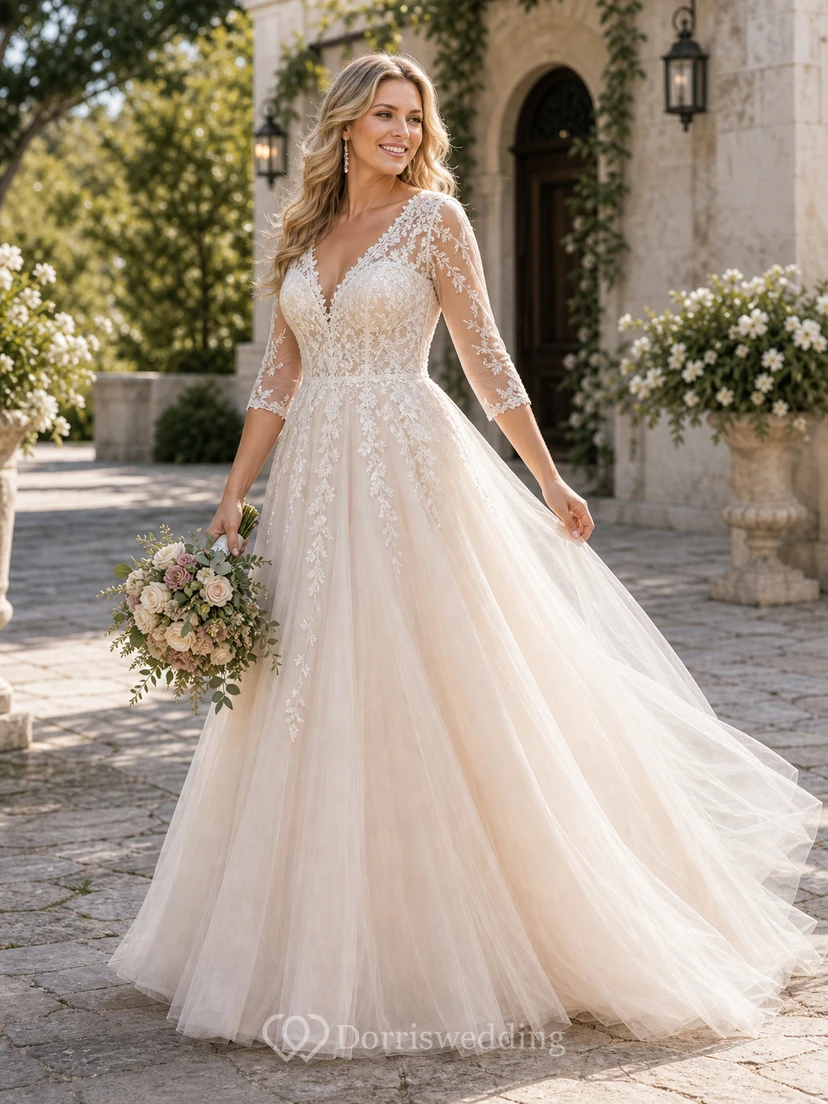 Elegante vestido de novia de corte A, largo hasta el suelo, con cola, mangas largas y apliques. view 2