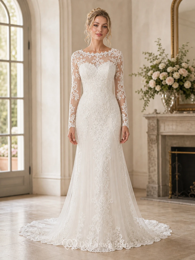 Sheath Long-Sleeve High Neck Tulle&Lace Wedding Dress With Sweep Train view 3