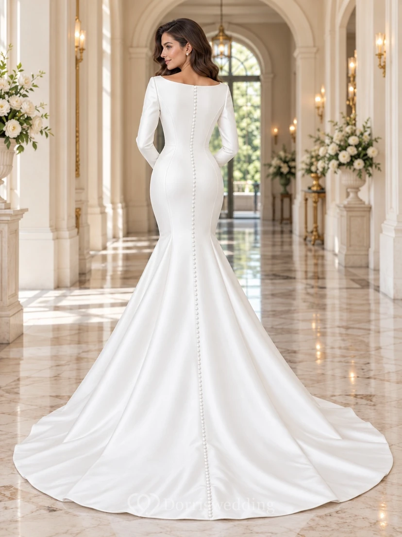 Simple Mermaid Long Sleeve Bateau Neck Satin Button Wedding Dress view 2
