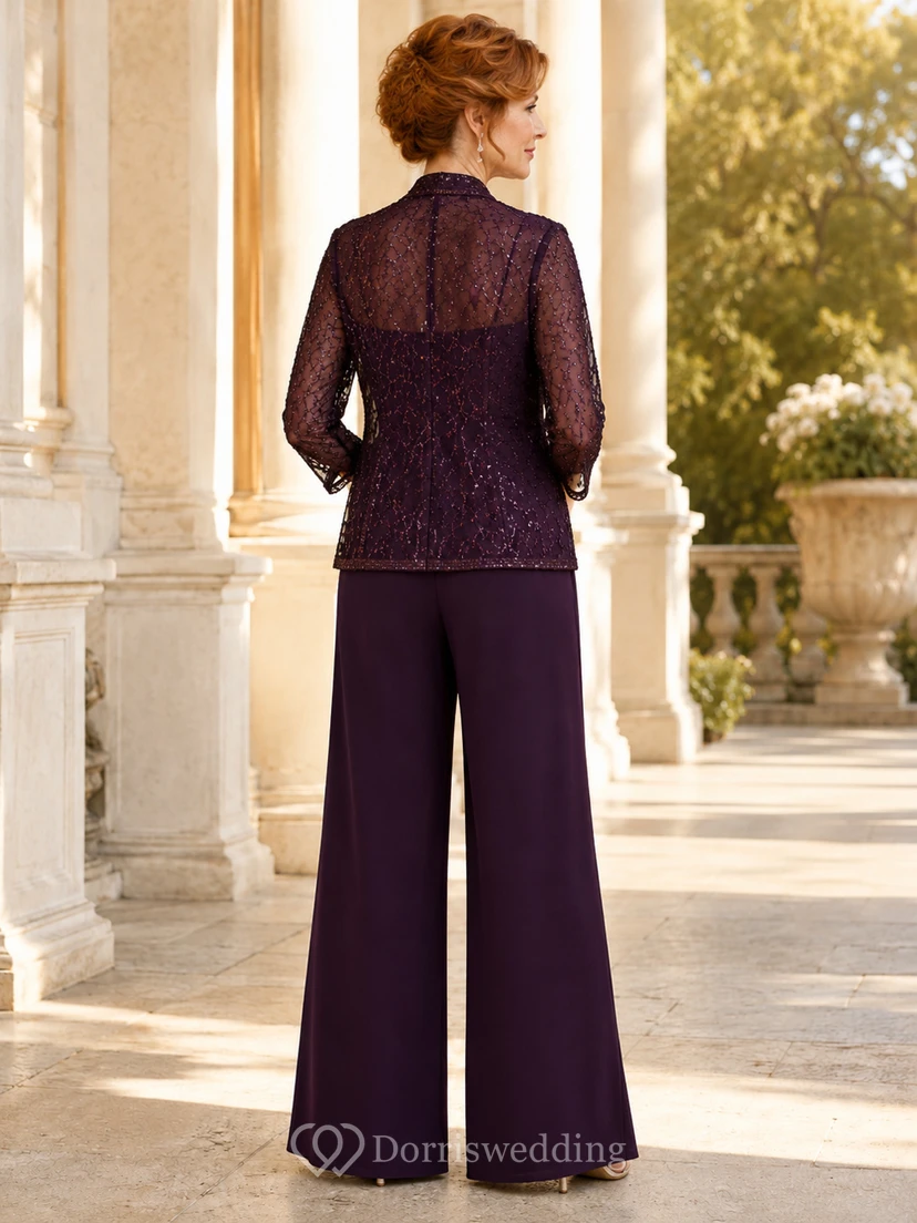 Jumpsuit aus Mutterpflaumenspitze mit V-Ausschnitt-Spitzenjacke und weit geschnittener Hose view 2