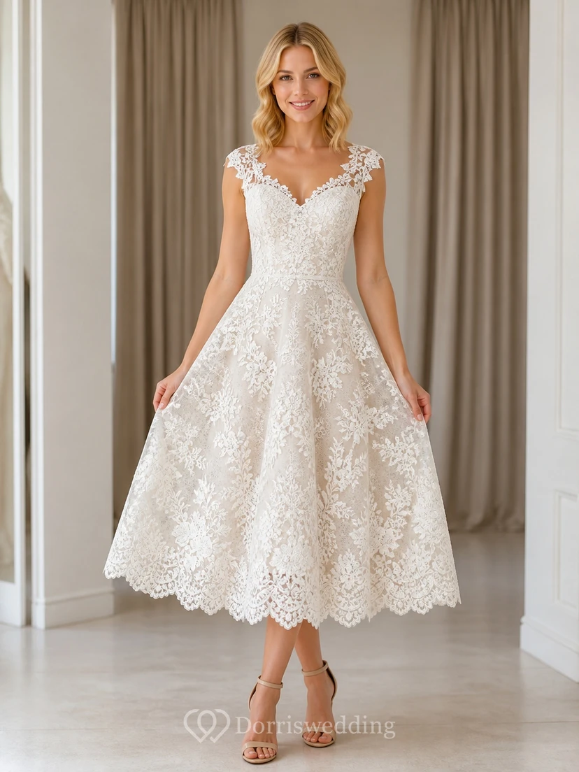 Teelanges Vintage-Hochzeitskleid mit herzförmigem Ausschnitt, kurzen Ärmeln und Spitze in A-Linie