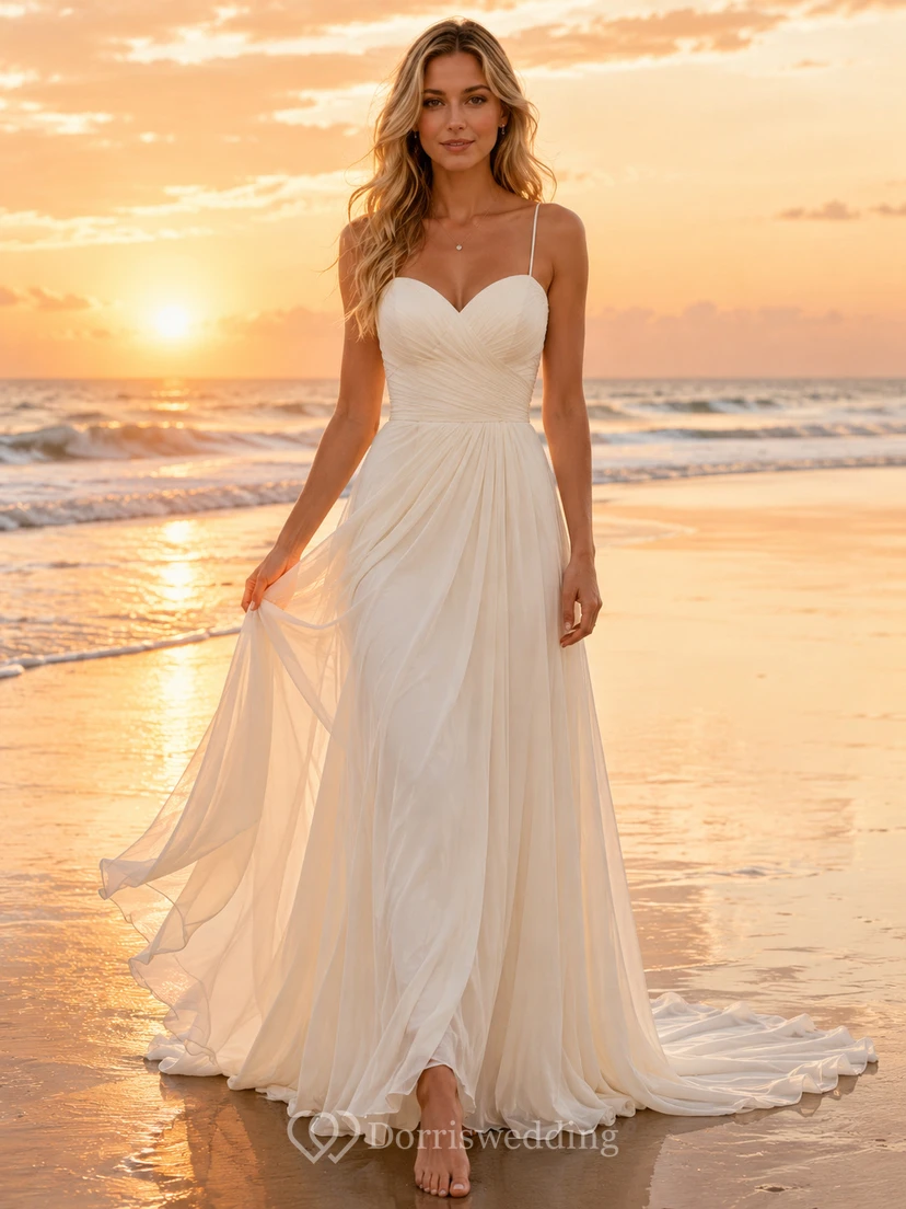 Beach Chiffon Tulle Wedding Dress A-Line Off Shoulder Sweep Train with Slit Bridal Gown