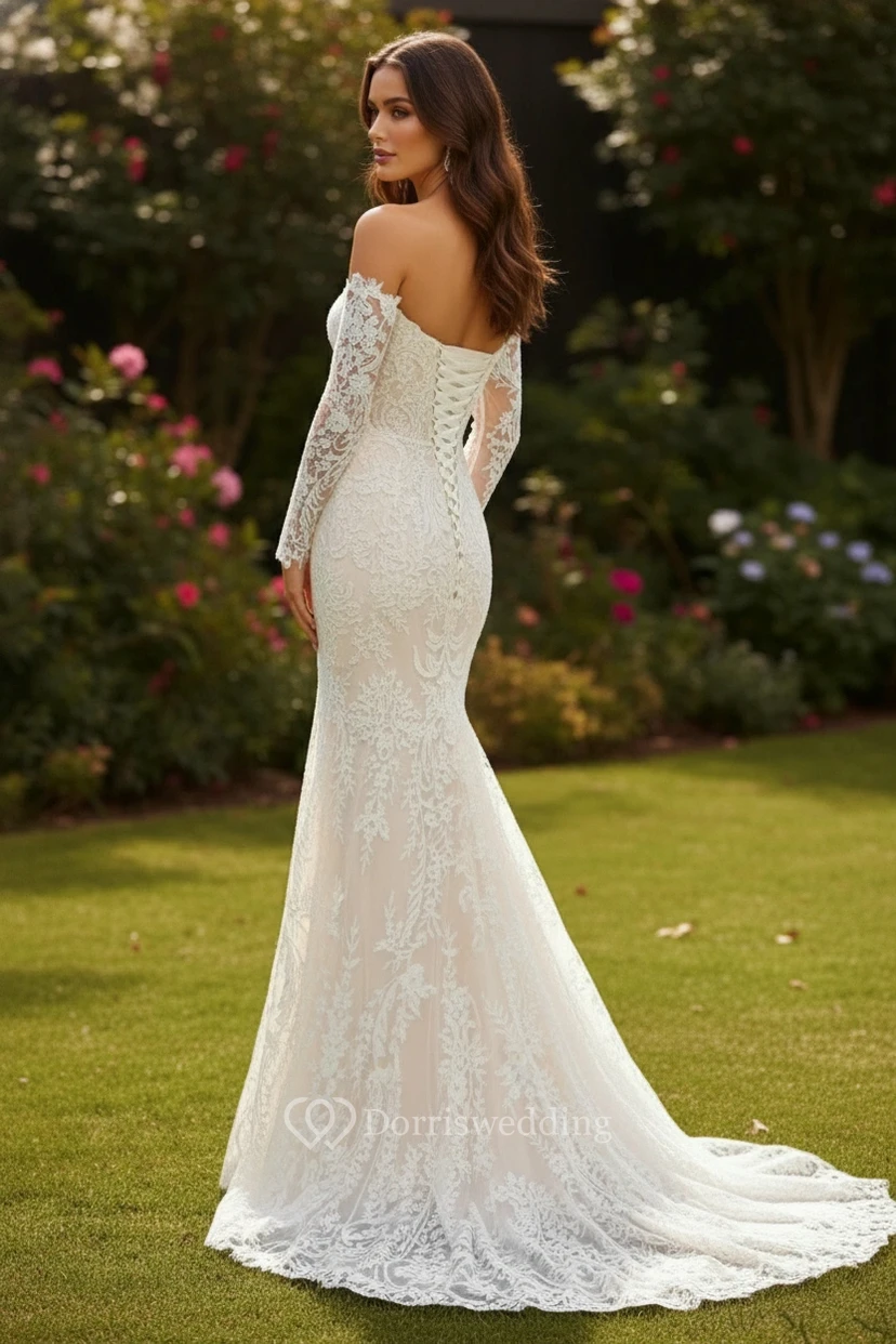 Robe de mariée sirène sexy en dentelle, épaules dénudées et manches longues view 2