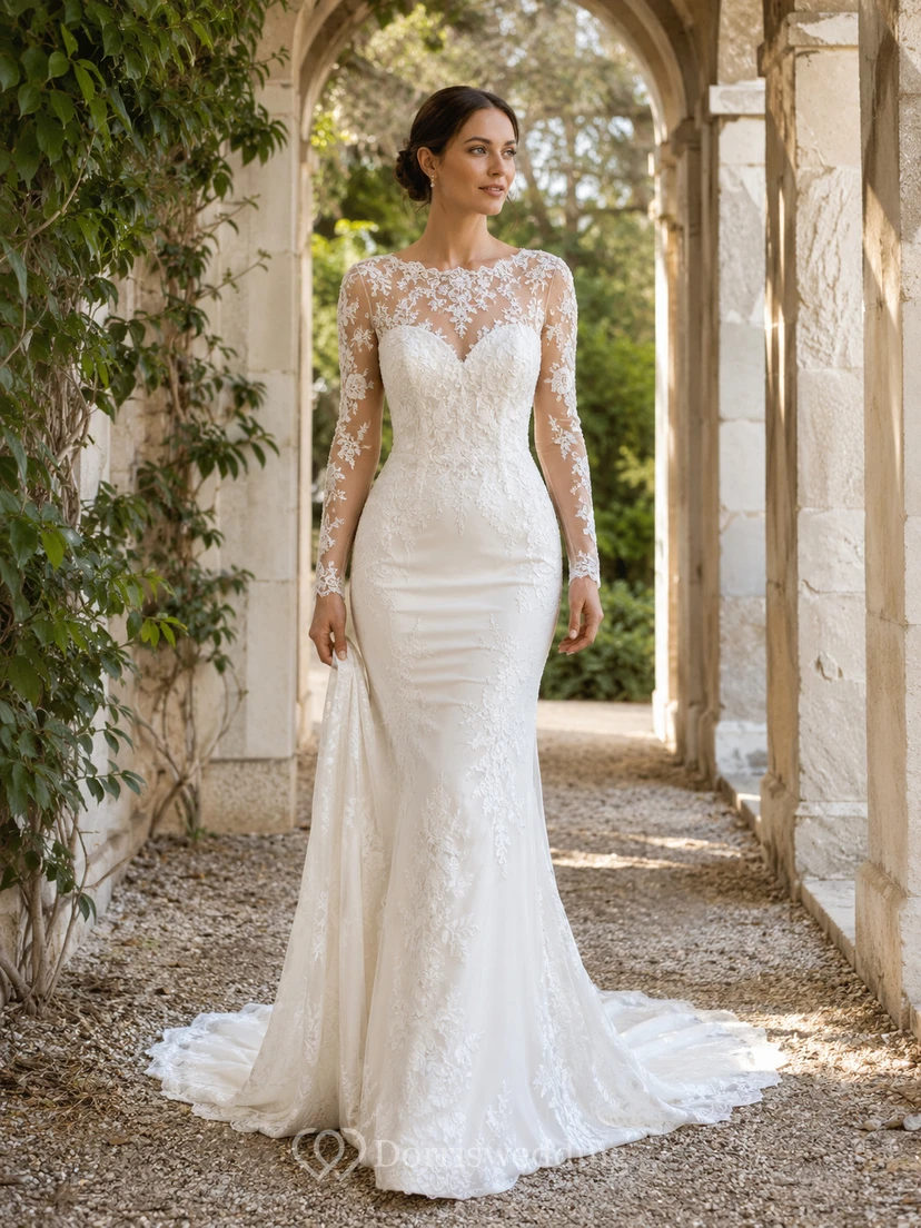 Illusion Long Sleeve Lace Mermaid Manor Elopement Bridal Gown