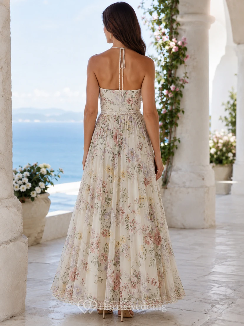 Light Floral Halter Neck Destination Garden Maxi Dress view 2