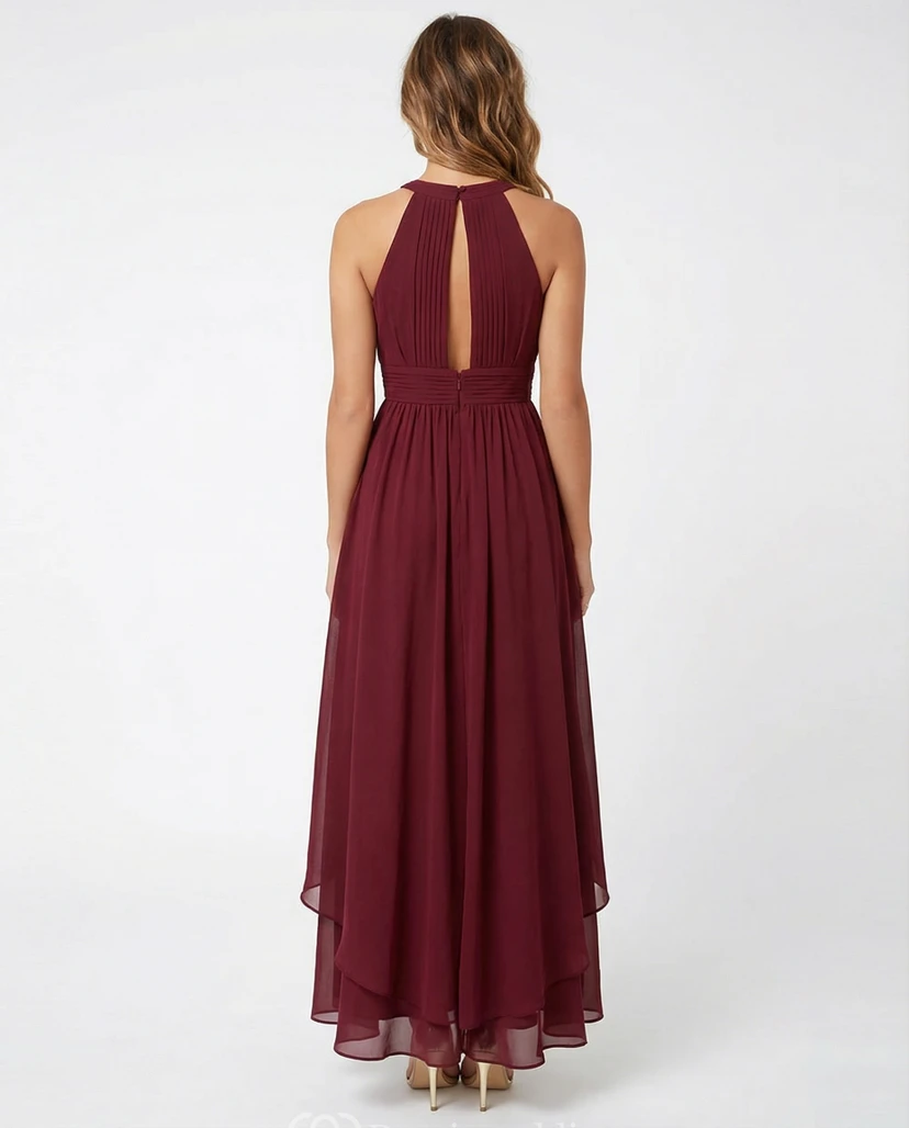 Burgundy Halter High-Low Chiffon Evening Gown view 2