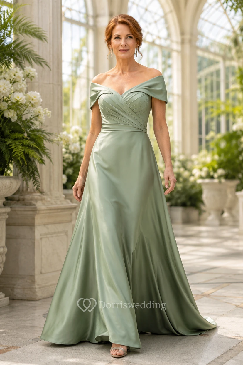 Plus Size Salbeigrünes schulterfreies A-Linien-Kleid aus Satin mit gerafftem Oberteil