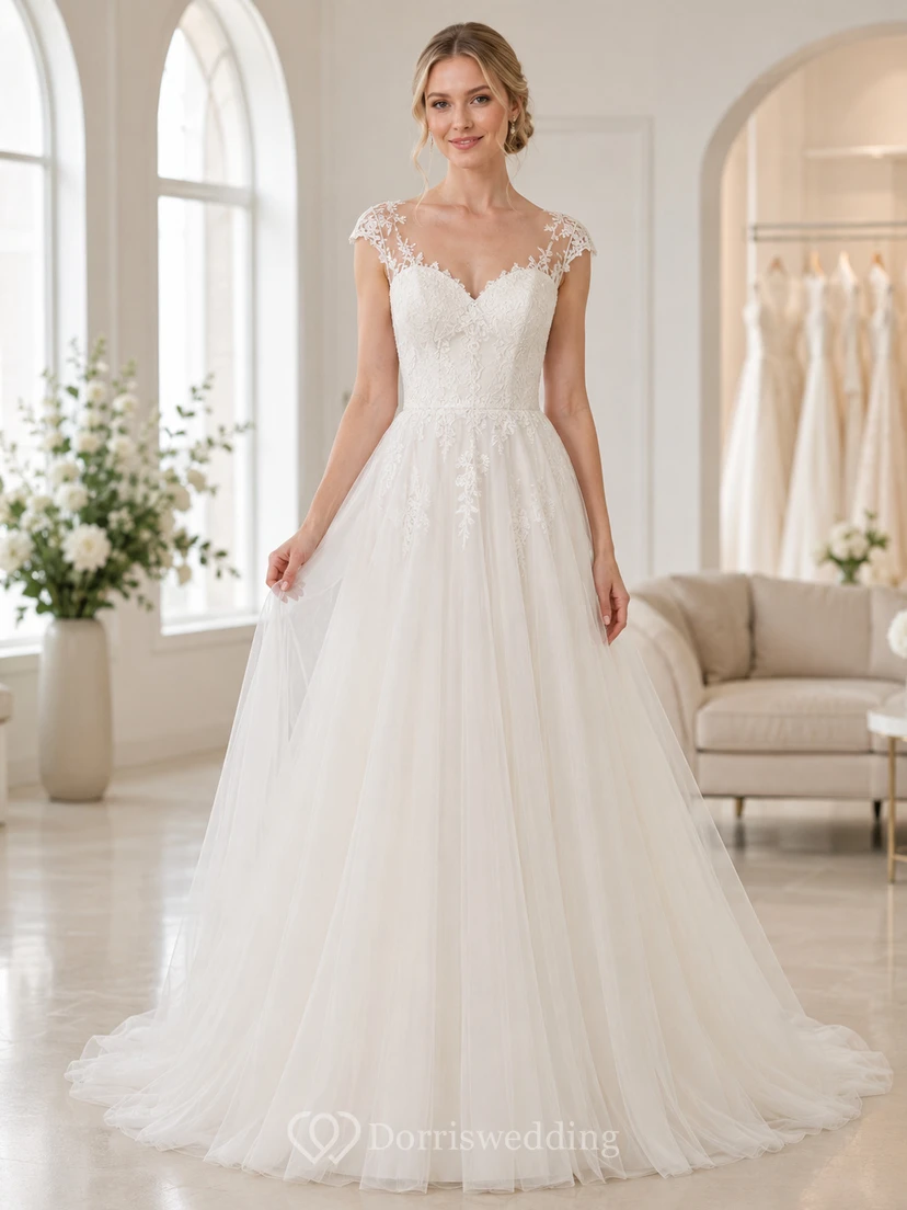 Preisgünstiges Brautkleid mit kurzen Ärmeln, Spitzenoberteil und Tüll in A-Linie