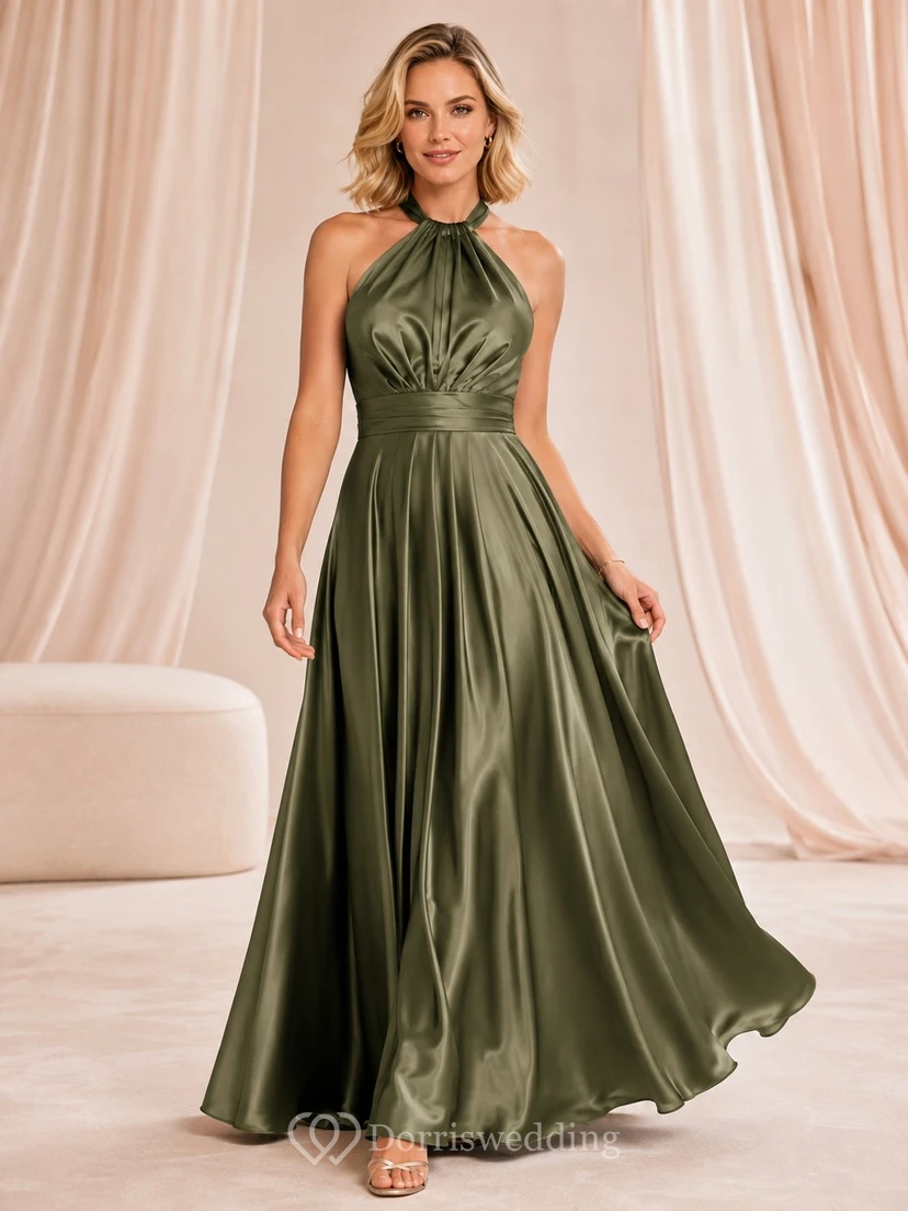 Elegante vestido largo de satén color oliva, sin mangas, con escote halter y corte en A.