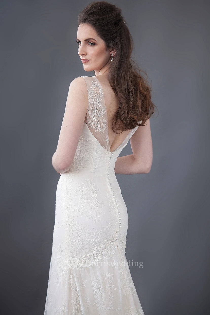Sheath Appliqued Sleeveless Maxi Lace Wedding Dress With Low-V Back And Pleats view 2