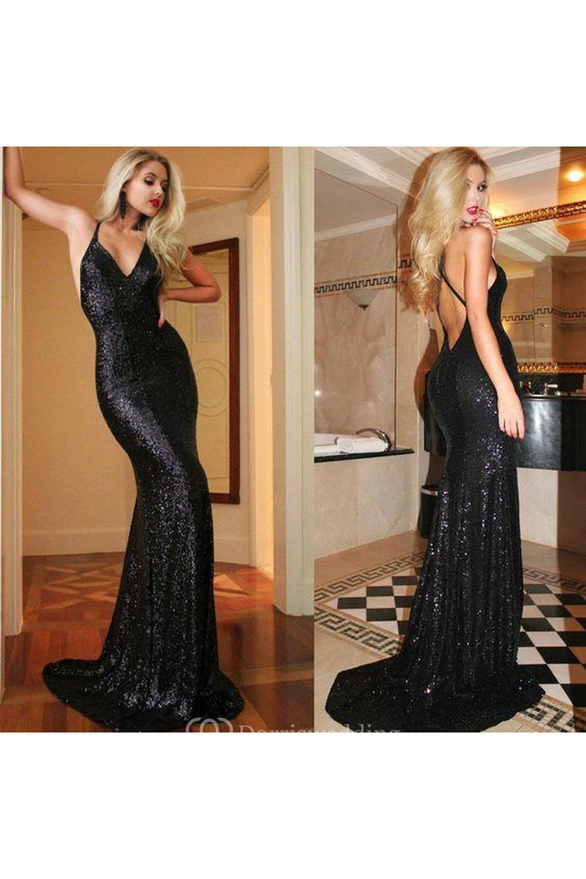 Mermaid Trumpet Sequins Spaghetti Sleeveless Open Back Straps Dress