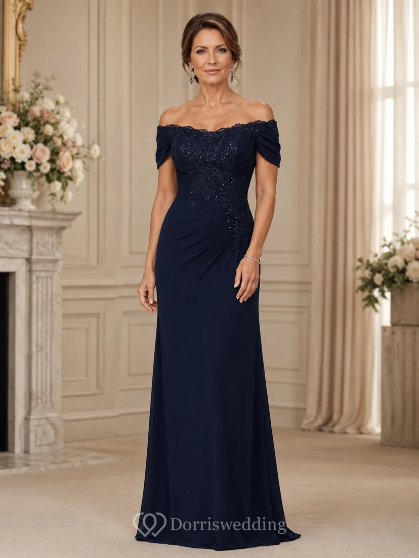 Dark Navy Off-the-Shoulder Ruched Formal Mother Gown