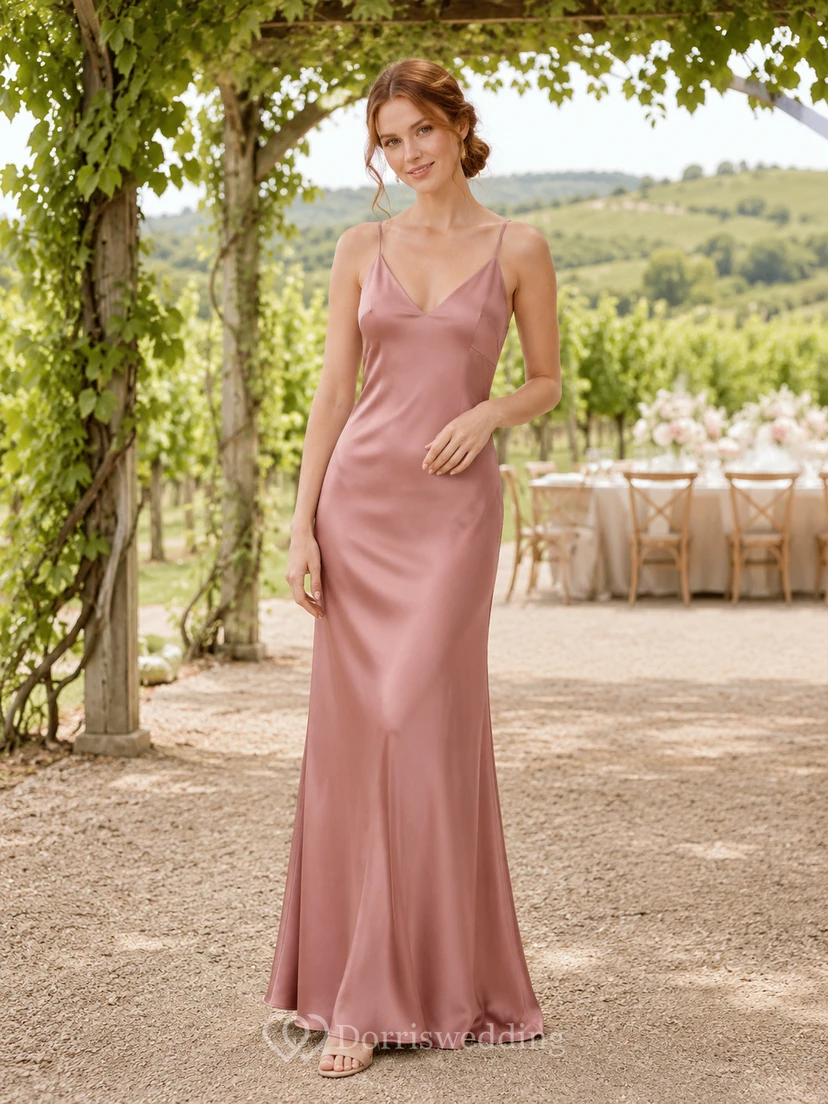 Dusty rose V neck satin floor length bridesmaid slip dress