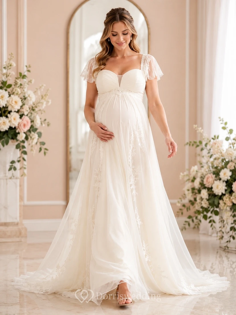 Maternity Sweetheart Short Sleeve Chiffon Sweep Train Wedding Dress