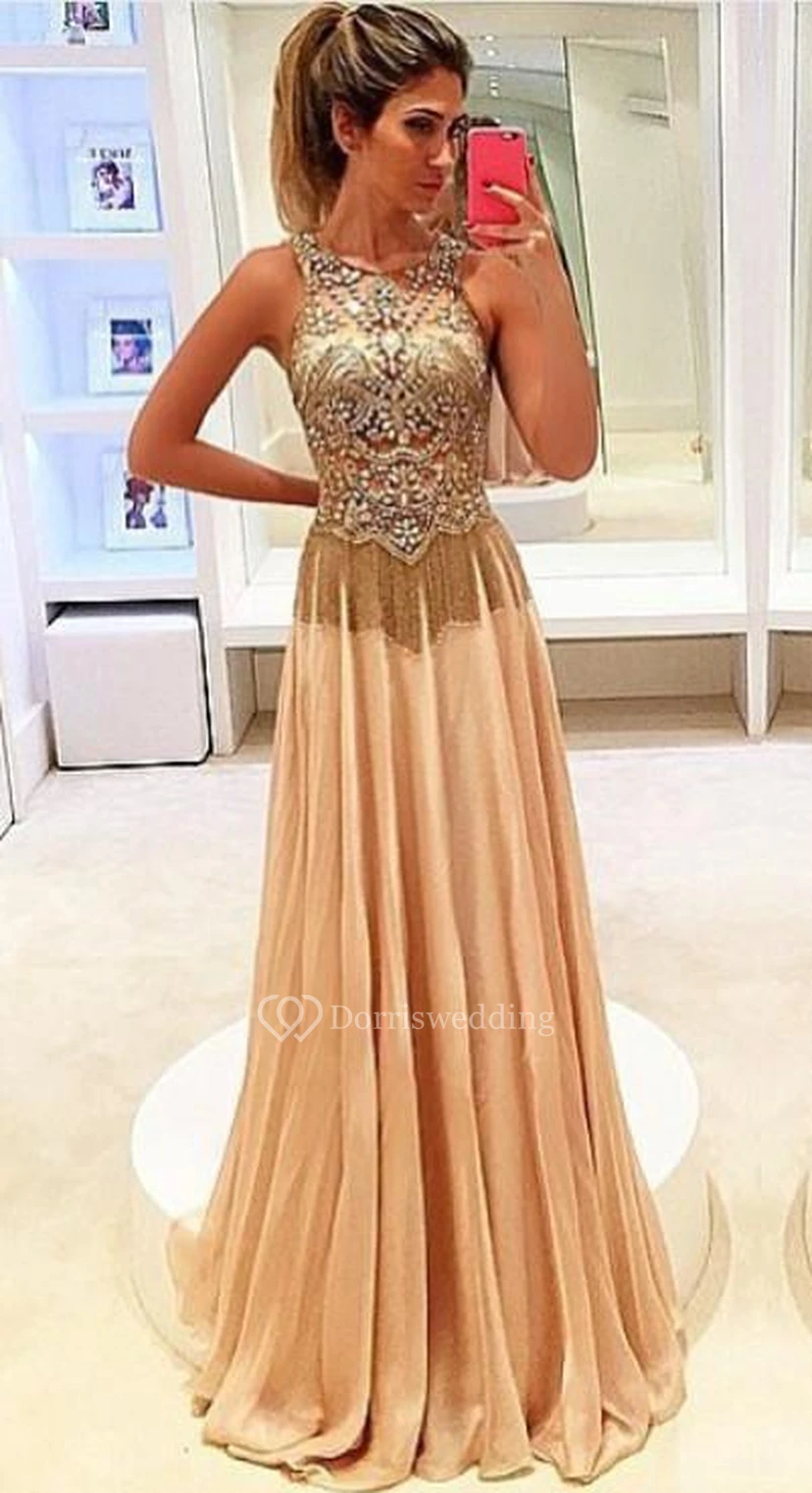 Newest Beadings Chiffon Illusion Prom Dress A-line Sweep Train