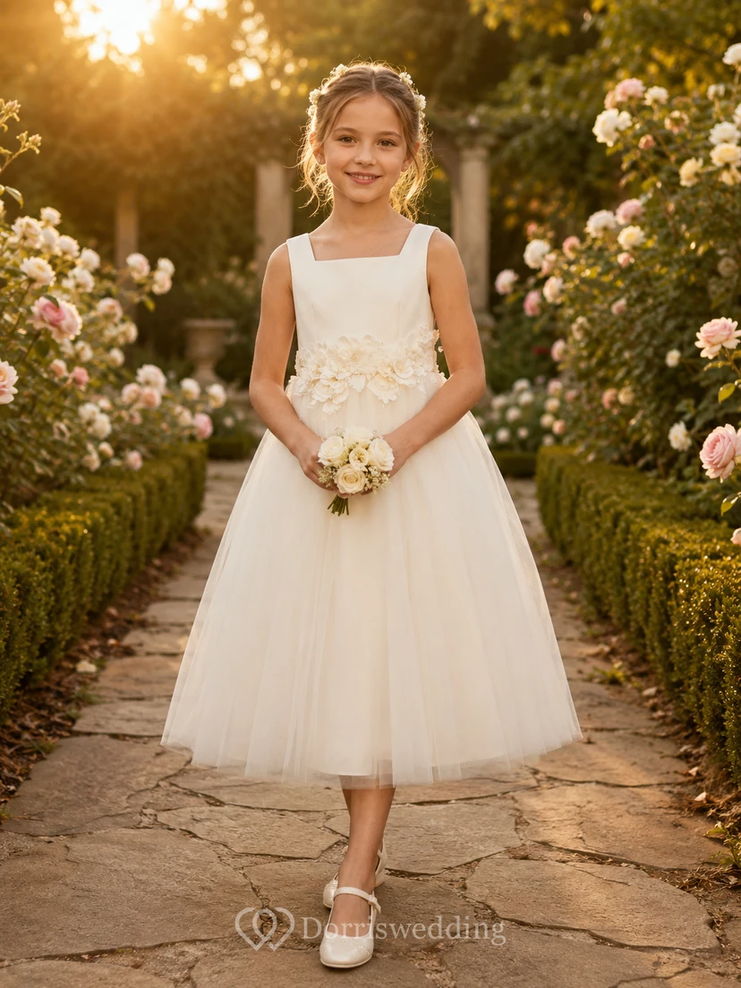 Flower Girl Dress Ivory Lace Tulle A-Line Jewel Neck Tea Length