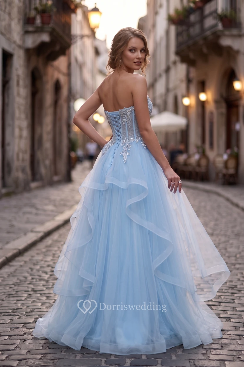 Light Blue Strapless Floral Ball Gown with Ruffles view 2