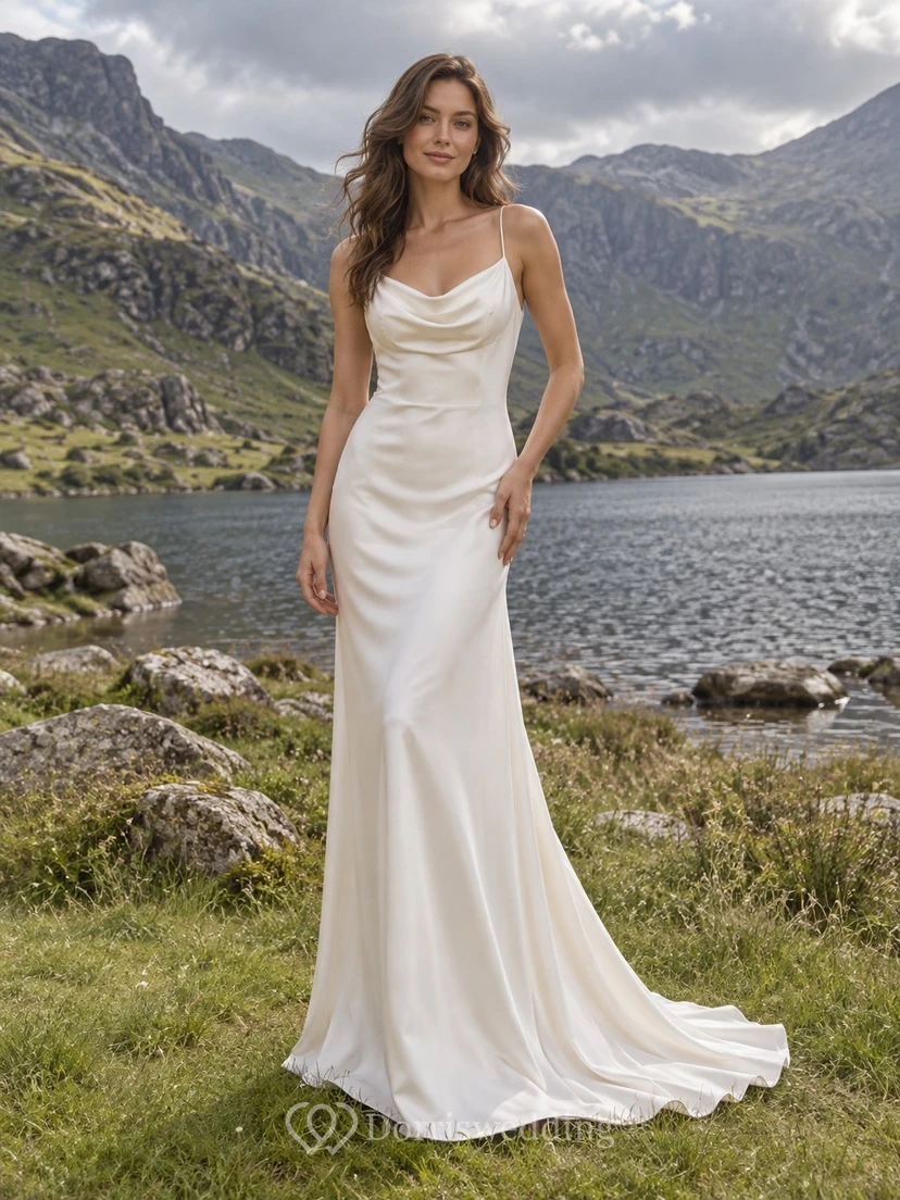 Vestido de novia sencillo de satén con escote drapeado, sin mangas y cola de sirena.