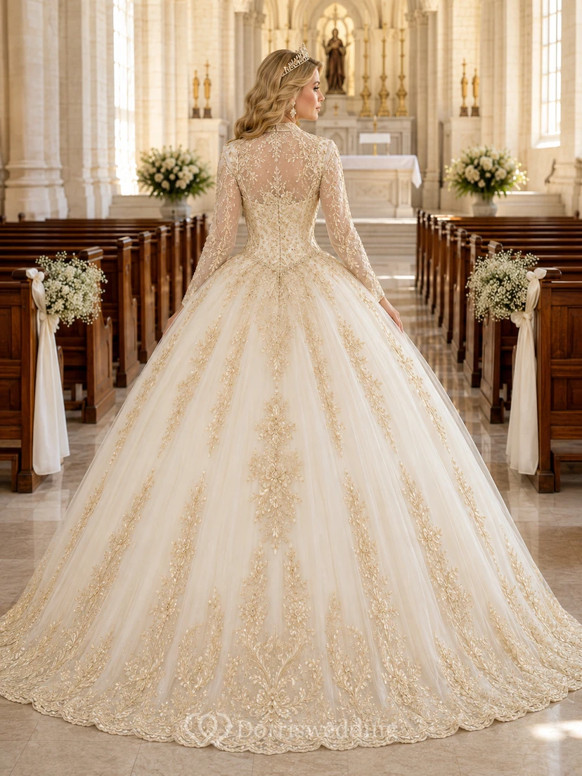 Robe de bal de princesse Quinceañera ivoire, col montant, manches longues, dentelle dorée, pour cérémonie religieuse. view 2