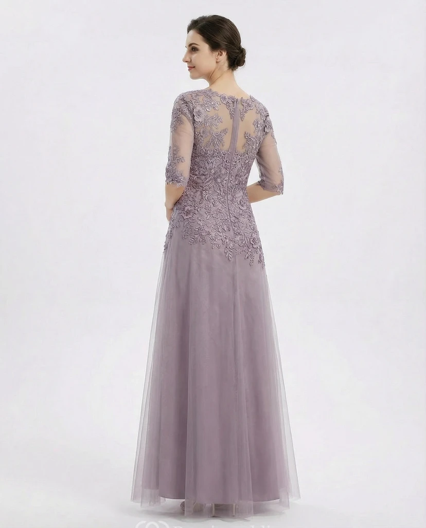 Vestido formal de encaje malva con corte en A y mangas tres cuartos - Vestido para la madre de la novia view 2