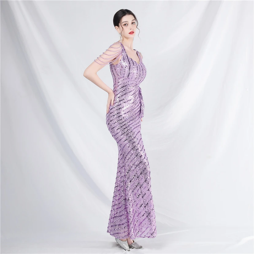 Craft Sequined Velvet Bottom Handmade Beaded Long Elegant Light Luxury Evening Dress view 24