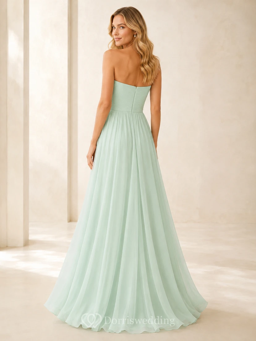 Green Mint Chiffon Strapless Sweetheart Floor Length Bridesmaid Evening Gown view 2