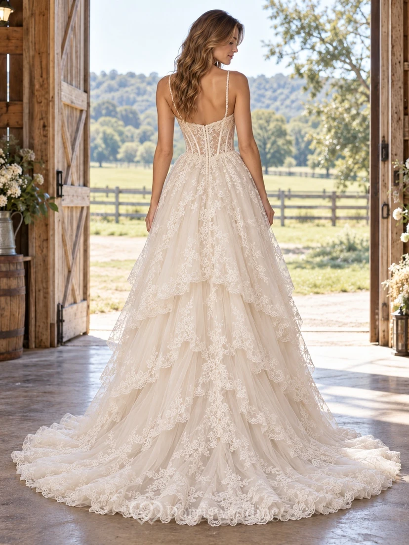 Country High-low Spaghetti Strap Sweetheart Lace Corset Bridal Wedding Dress view 2