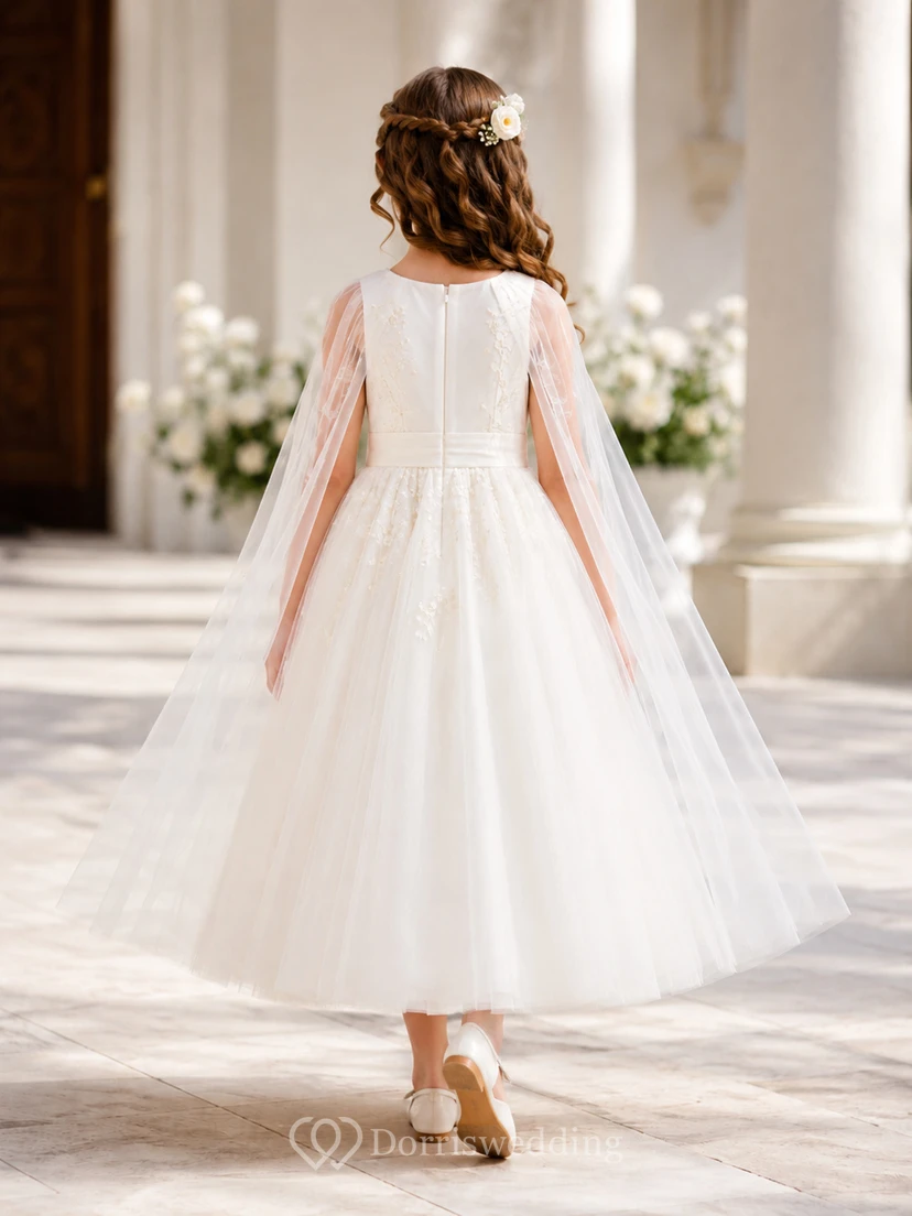 Vestido formal de ceremonia de Primera Comunión para niña de las flores con capa de tul blanco con cuentas view 2