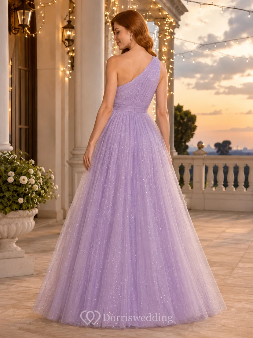 Lavendelfarbenes, schulterfreies, glitzerndes Tüll-Abendkleid in A-Linie view 2