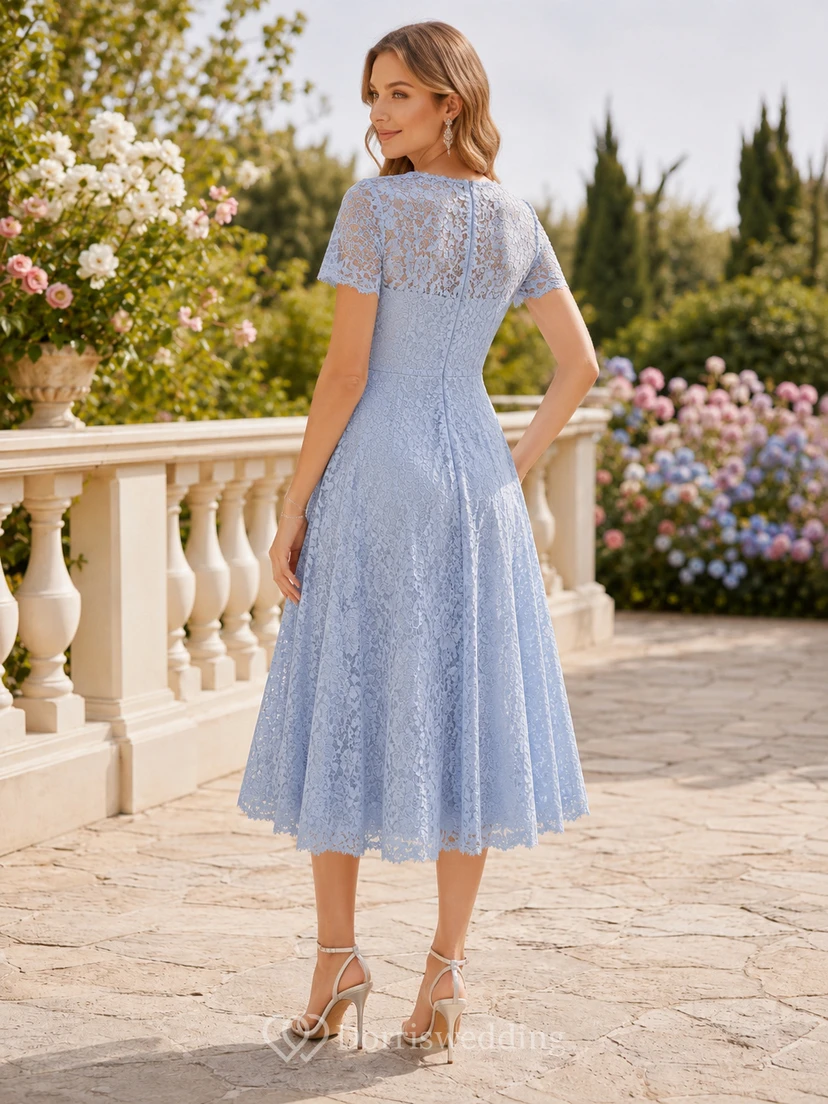 Sky Blue Lace V Neck Short Sleeve Midi Guest Dress view 2