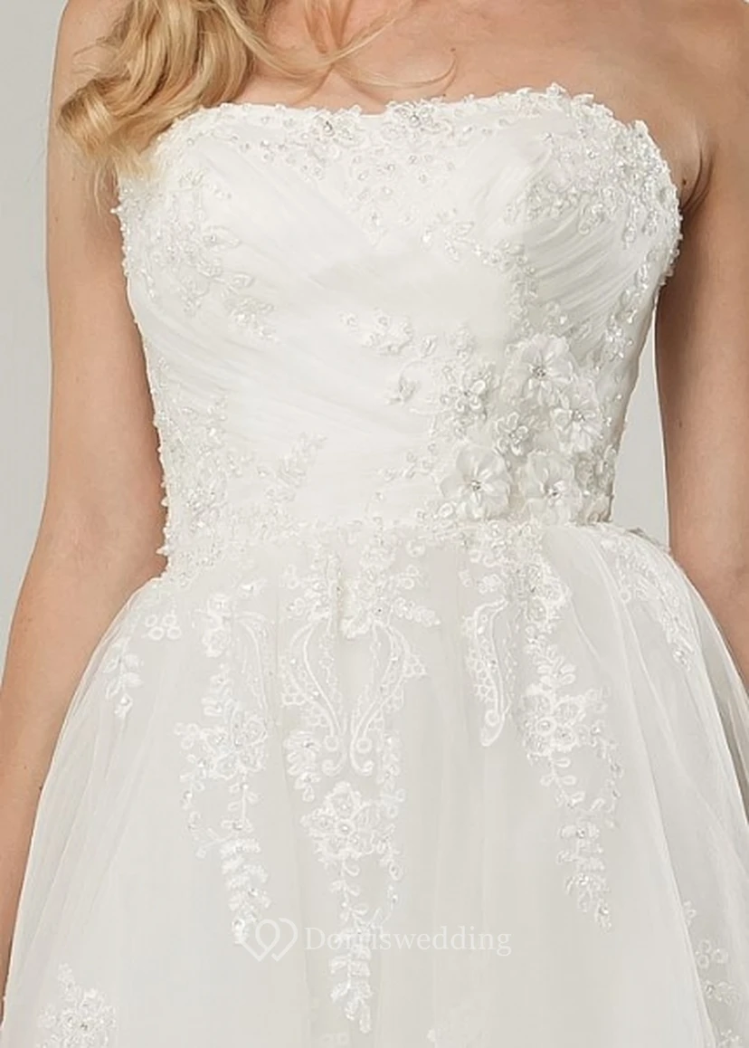 A-Line Tea-Length Criss-Cross Strapless Tulle Short Wedding Dress With Appliques And Corset Back view 3