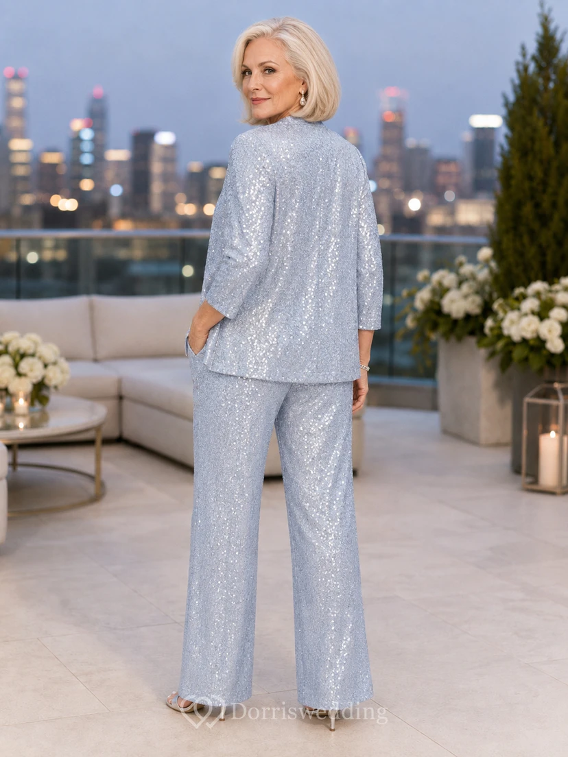 Luxuriöser, bodenlanger Pailletten-Hosenanzug in Stahlblau mit weitem Bein für die Mutter der Braut, bestehend aus einem funkelnden V-Ausschnitt-Jacket und einer verzierten Hose. view 2