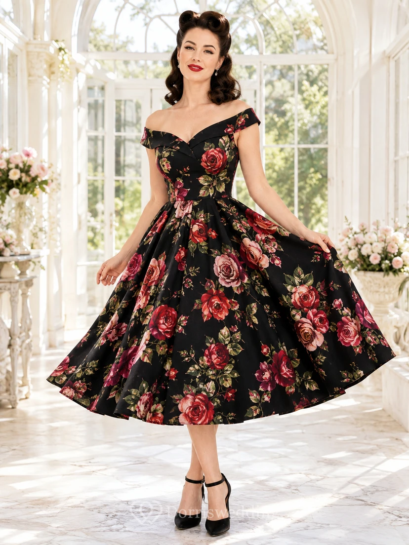 Vestido de invitada romántico negro con estampado floral, hombros descubiertos, manga corta, de algodón, corte en A y largo hasta la rodilla.