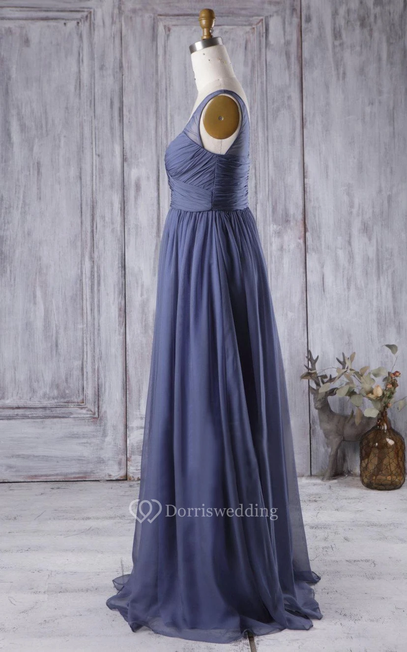 V Neck V Back Pleated A-line Chiffon Long Dress Brush Train view 3